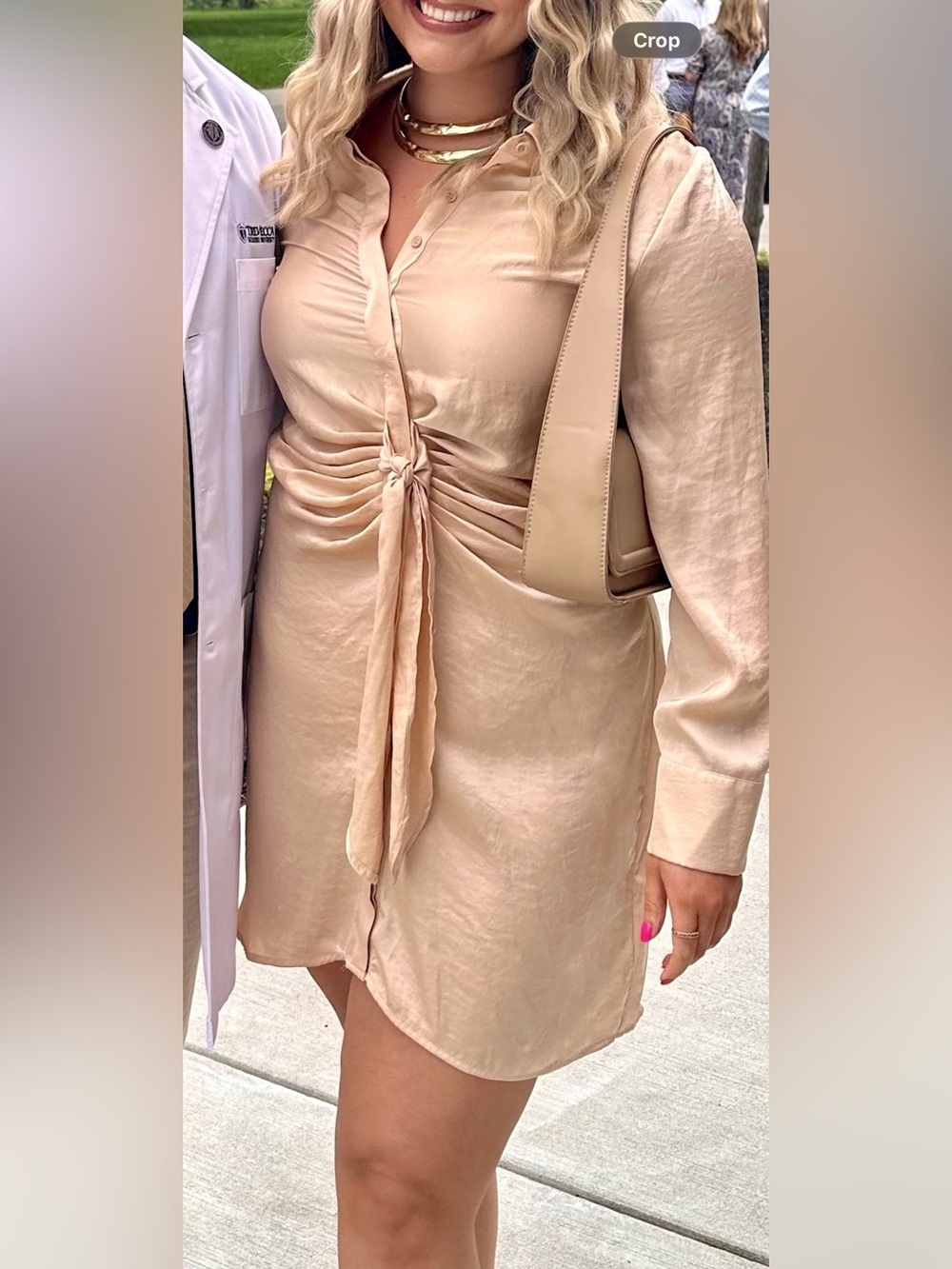 Steve Madden Women's Tie-Front Satin Shirt Dress in Champagne